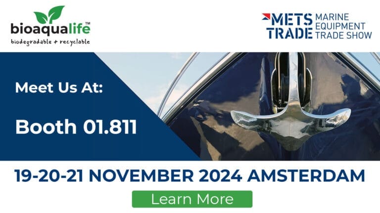 bioaqualife: Promotional image for the METSTRADE Marine Equipment Trade Show, featuring the Bioaqualife logo. Text invites attendees to visit Booth 01.810, with event dates as November 19-21, 2024, in Amsterdam, alongside a close-up of a boat's anchor.