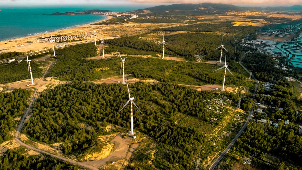 Aerial View of Coastal Wind Turbine Farm