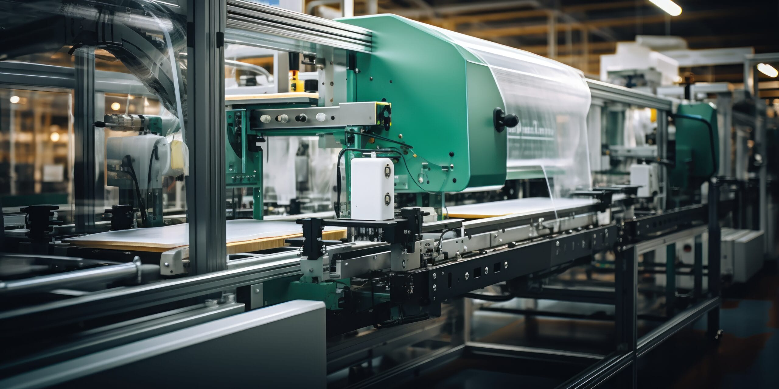 bioaqualife: A manufacturing conveyor system in a factory setting, featuring a green machine with clear plastic wrap and various mechanical components. The background shows a spacious industrial interior with soft lighting.