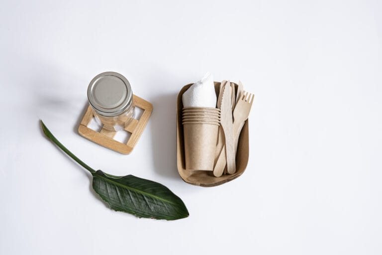 bioaqualife: Eco-friendly dining set featuring a reusable glass jar with a lid on a wooden coaster, a brown rectangular tray with compostable cups, a fork, and a knife on a white background. A green leaf adorns the set, enhancing the natural theme.