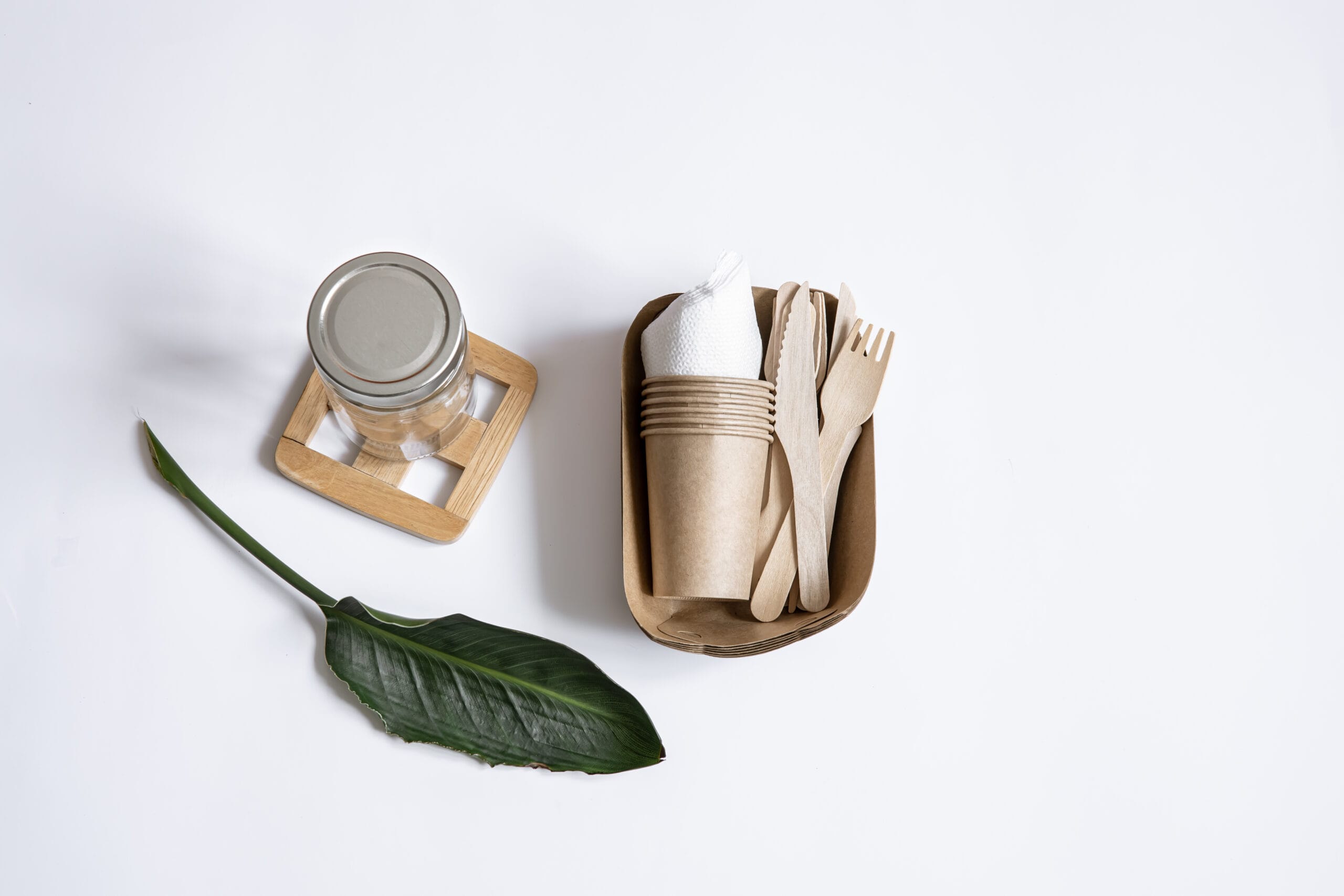 bioaqualife: Eco-friendly dining set featuring a reusable glass jar with a lid on a wooden coaster, a brown rectangular tray with compostable cups, a fork, and a knife on a white background. A green leaf adorns the set, enhancing the natural theme.