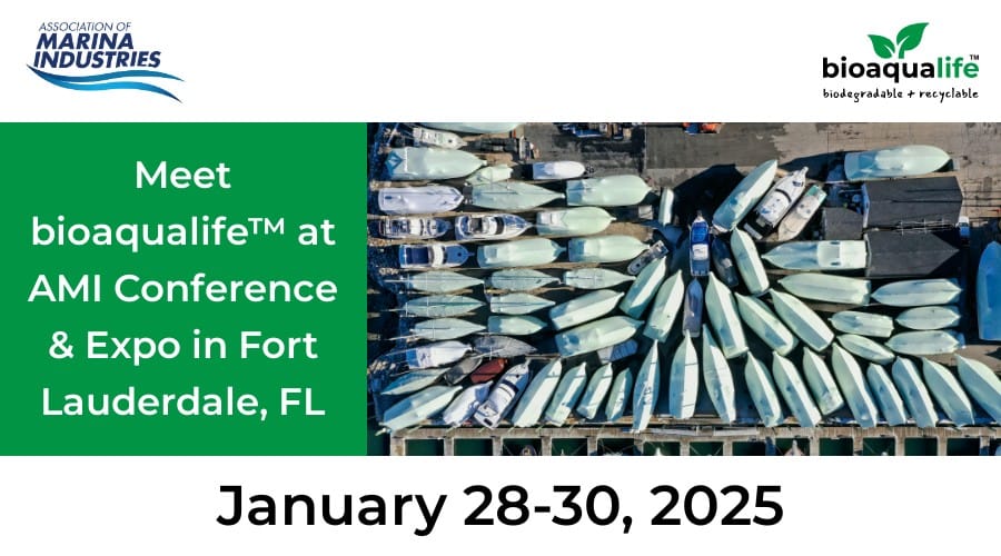 bioaqualife: Aerial view of numerous boats lined up in rows. Logos for the Association of Marina Industries and bioaqualife are visible. Text announces: "Meet bioaqualife&trade; at AMI Conference & Expo in Fort Lauderdale, FL. January 28-30, 2025.