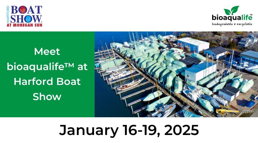 bioaqualife: Image of a promotional banner for the Harford Boat Show featuring bioaqualife&trade;, with covered boats docked at a marina. The event dates are January 16-19, 2025. Logos for the boat show and bioaqualife&reg; are included.