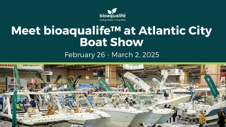 bioaqualife: Banner for the Atlantic City Boat Show featuring the bioaqualife&trade; logo. The image highlights several boats on display with the event dates, February 26 - March 2, 2025, written above the scene.