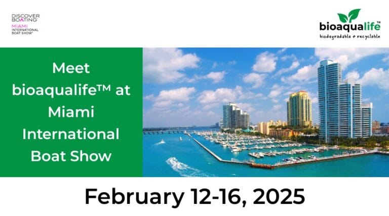 bioaqualife: Promotional image for the Miami International Boat Show, featuring bioaqualife. Includes a photo of a marina with boats and city skyline, alongside event dates: February 12-16, 2025.