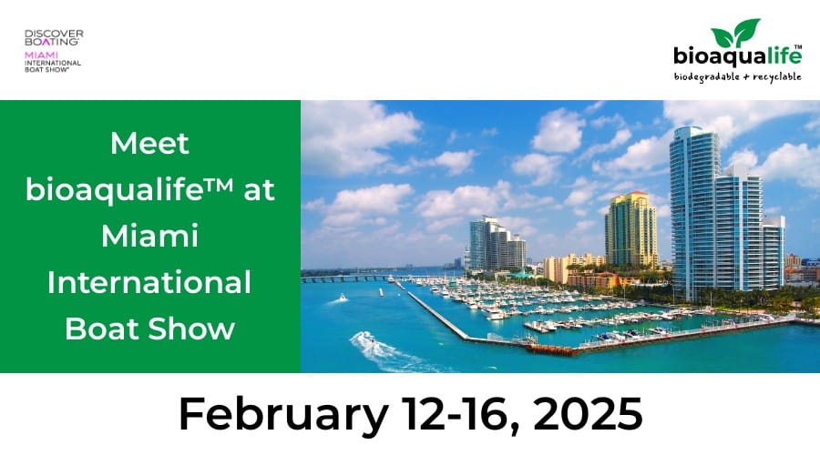 bioaqualife: Promotional image for the Miami International Boat Show, featuring bioaqualife. Includes a photo of a marina with boats and city skyline, alongside event dates: February 12-16, 2025.