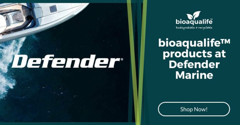 bioaqualife: Top view of a boat on water with the word "Defender" in bold white letters. On the right, a green background displays the text "bioaqualife&trade; products at Defender Marine," and a "Shop Now!" button below.