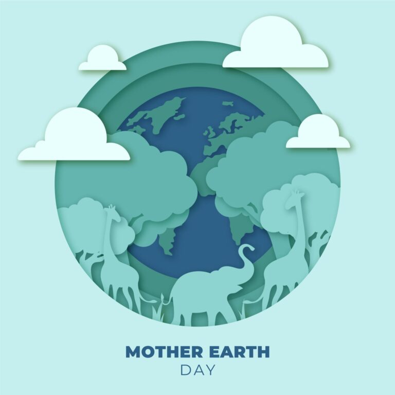 bioaqualife: Paper-cut style illustration of Earth surrounded by clouds, with silhouettes of trees, giraffes, and an elephant, and the text "Mother Earth Day" at the bottom.