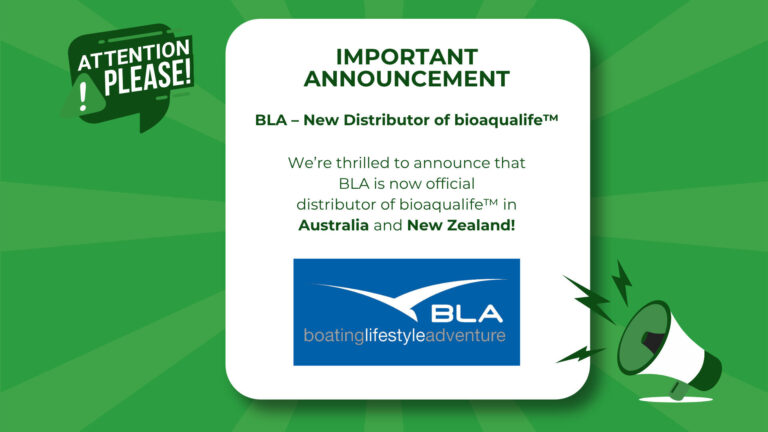 bioaqualife: A green announcement graphic states BLA is the new distributor of bioaqualife&trade; in Australia and New Zealand, with the BLA logo and icons of a megaphone and an "Attention Please!" speech bubble.