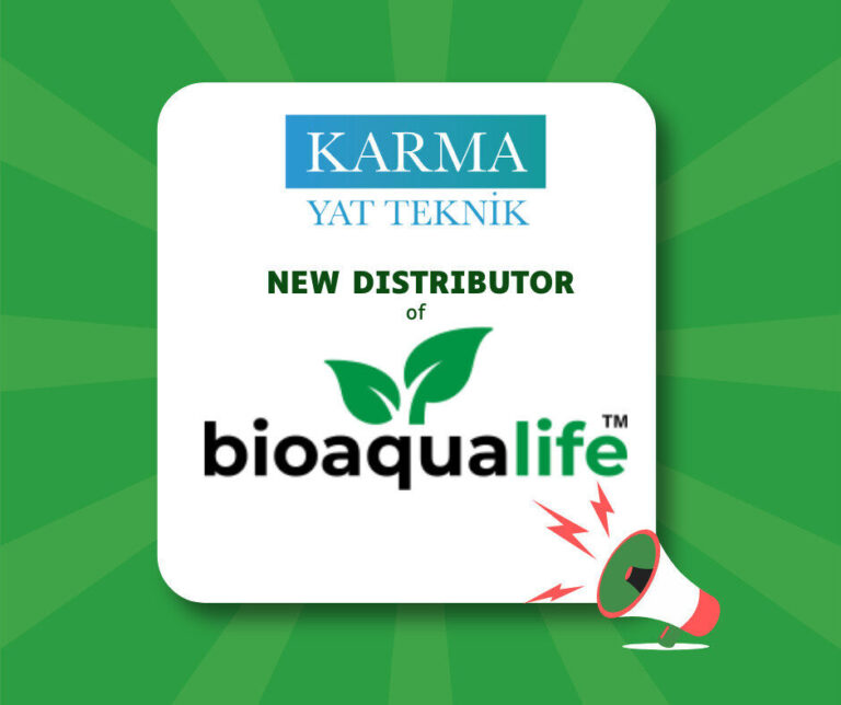 bioaqualife: A graphic announcing "Karma Yat Teknik" as the new distributor of "bioaqualife." The image features both company logos on a green background with a megaphone icon in the bottom right corner.