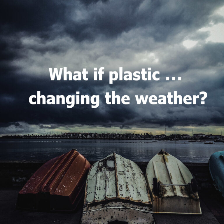 bioaqualife: Three overturned boats sit by the water under a dark, cloudy sky. Bold white text in the center reads, "What if plastic &hellip; changing the weather?.