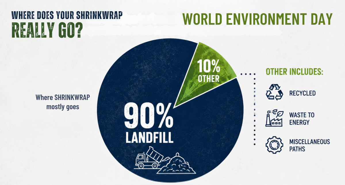 bioaqualife: A pie chart shows that 90% of shrinkwrap goes to landfill, while 10% is categorized as &ldquo;other,&rdquo; which includes recycled, waste to energy, and miscellaneous paths. The chart highlights the question of shrinkwrap disposal for World Environment Day.