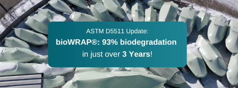 bioaqualife: Aerial view of many covered boats outdoors, with a blue box overlay reading: "ASTM D5511 Update: bioWRAP&reg;: 93% biodegradation in just over 3 Years!.